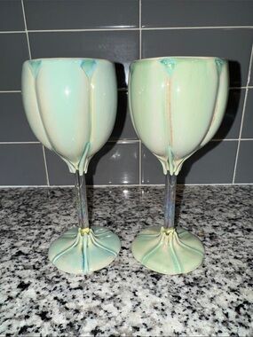Pair of Teal Petal-Edged Ceramic Wine Glasses